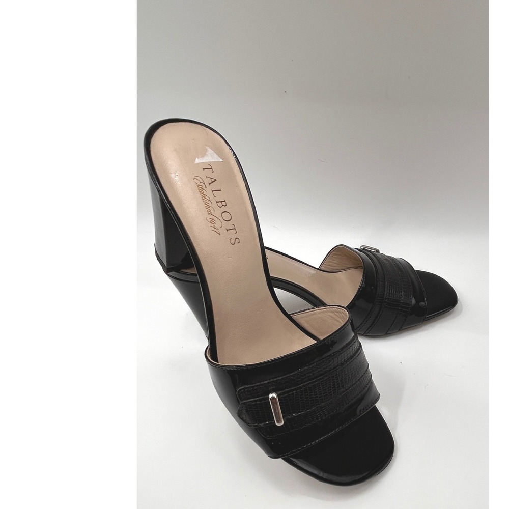 Talbots Black Patent Leather Slide Heels Women's Size 7B Block Heel Mules Modern